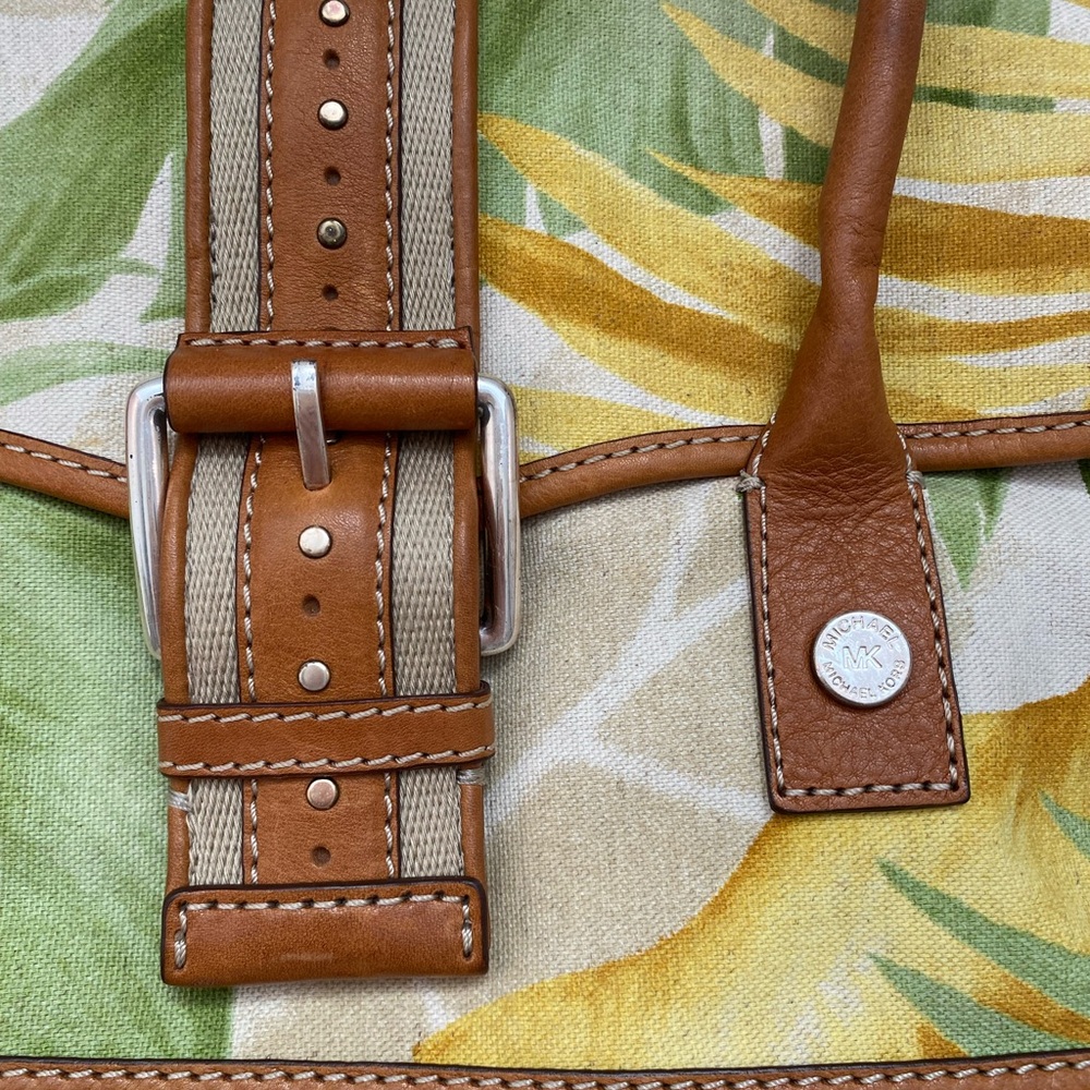Michael Kors Tropical Leaf Canvas Bag with Leather Trim and Snap Closure - Picture 2 of 15